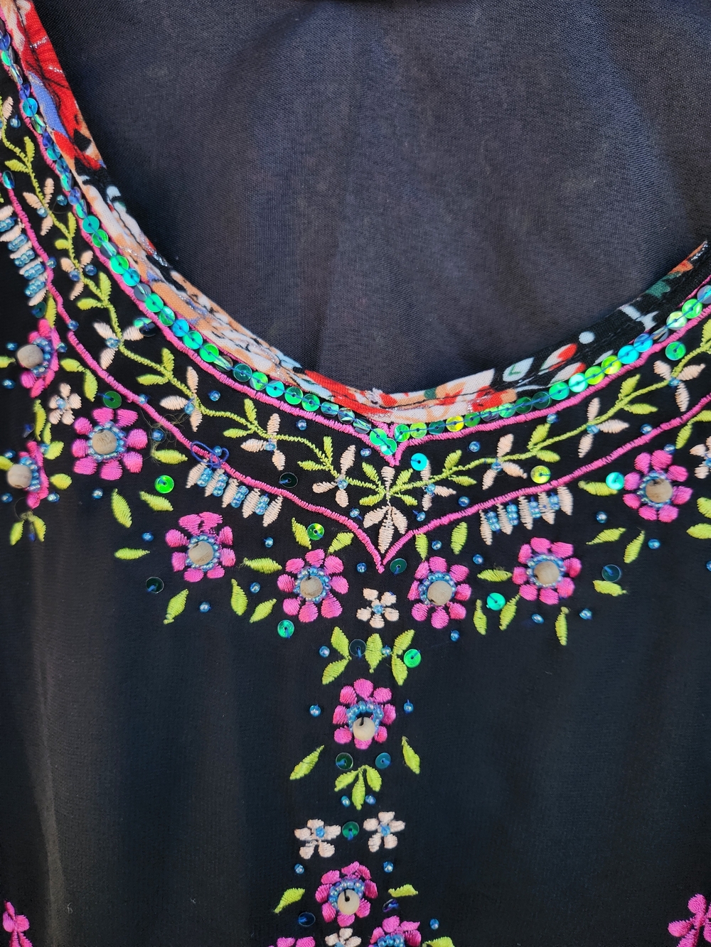 Black Embroidered Tunic Dress with Pink Floral Accents - Picture 5 of 8